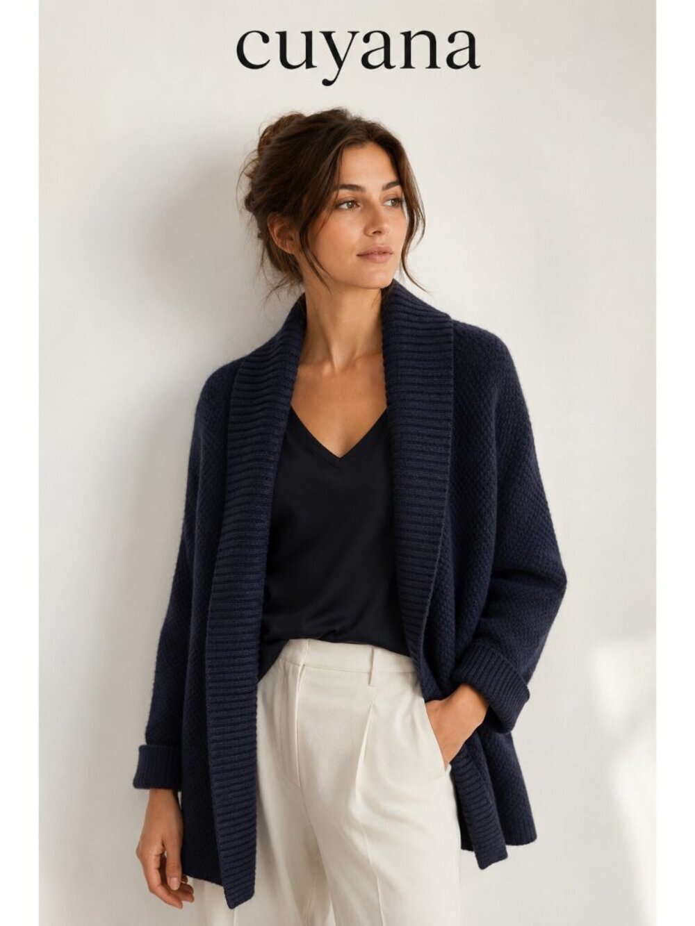 Cuyana Italian Cashmere Open Front Shawl Collar Cardigan Sweater Black XS/S